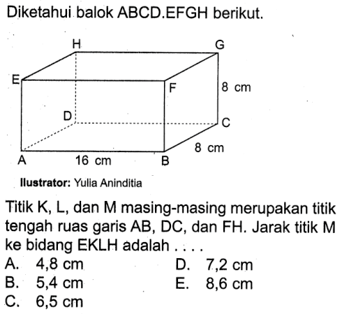 Diketahui balok ABCD.EFGH berikut. Titik K, L, dan M masing-masing merupakan titik tengah ruas garis AB, DC, dan FH. Jarak titik M ke bidang EKLH adalah