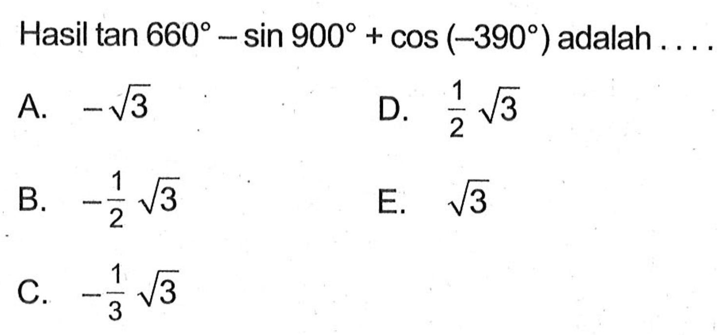Hasil tan660-sin900+cos(-390) adalah....