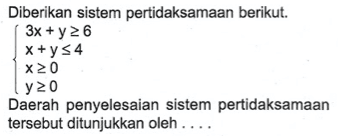 Diberikan sistem pertidaksamaan berikut. 3x+y>=6 x+y<=4 x>=0 y>=0 Daerah penyelesaian sistem pertidaksamaan tersebut ditunjukkan oleh....