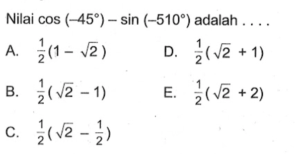 Nilai cos(-45)-sin(-510) adalah ...