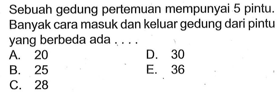 Sebuah gedung pertemuan mempunyai 5 pintu. Banyak cara masuk dan keluar gedung dari pintu yang berbeda ada ....