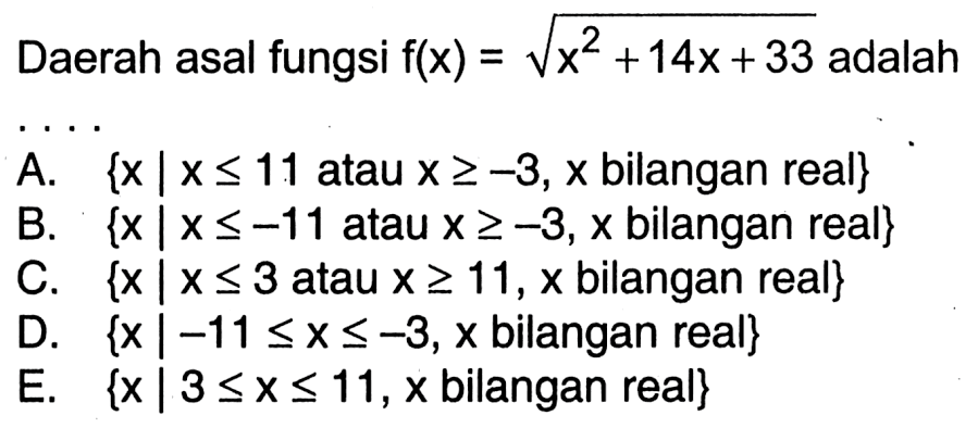 Daerah asal fungsi  f(x)=akar(x^2+14x+33) adalah ....