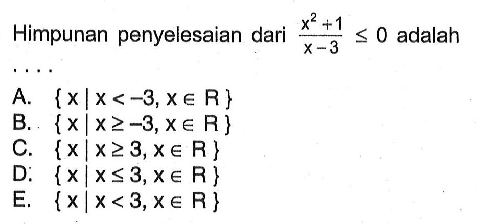 Himpunan penyelesaian dari (x^2+1)/(x-3)<=0 adalah ....