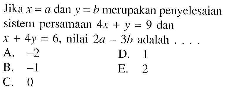 Jika x=a dan y=b merupakan penyelesaian sistem persamaan 4x+y=9 dan x+4y=6, nilai 2a-3b adalah ...