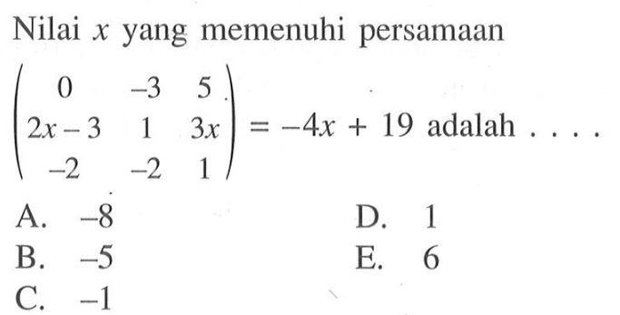 Nilai  x  yang memenuhi persamaan  (0  -3  5  2x-3  1  3x  -2  -2  1) = -4x + 19  adalah  ... 