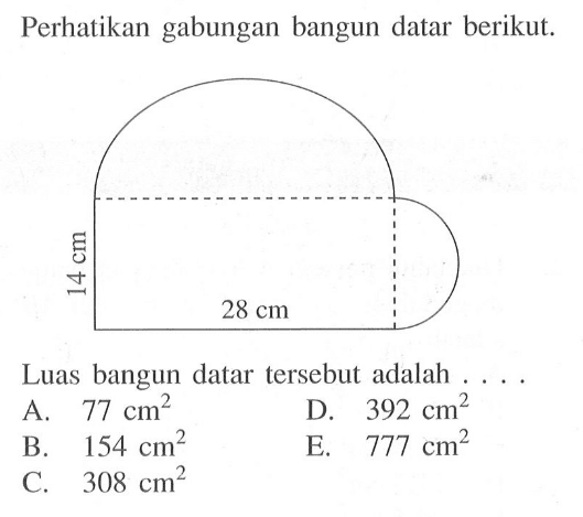 Perhatikan gabungan bangun datar berikut.Panjang = 28 cm, lebar = 14 cmLuas bangun datar tersebut adalah ....