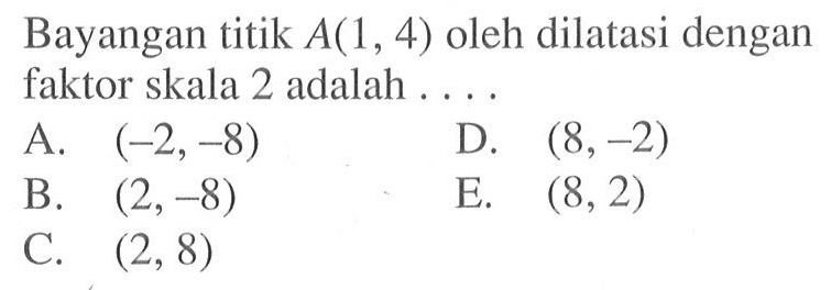 Bayangan titik A(1, 4) oleh dilatasi dengan faktor skala 2 adalah ....