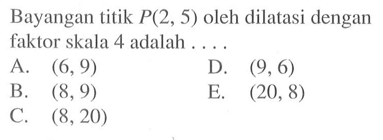 Bayangan titik P(2, 5) oleh dilatasi dengan faktor skala 4 adalah ....