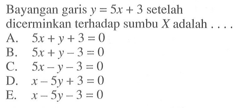 Bayangan garis y=5x+3 setelah dicerminkan terhadap sumbu X adalah ....