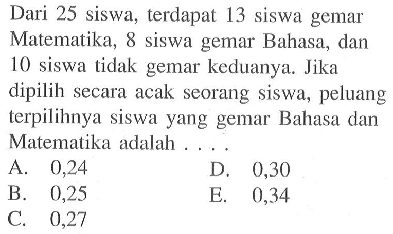 Dari 25 siswa, terdapat 13 siswa gemar Matematika, 8 siswa gemar Bahasa, dan 10 siswa tidak gemar keduanya. Jika dipilih secara acak seorang siswa, peluang terpilihnya siswa yang gemar Bahasa dan Matematika adalah ....
