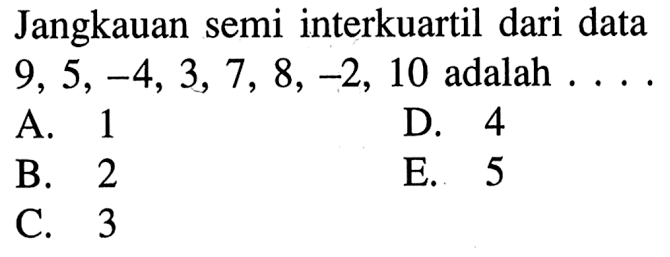 Jangkauan semi interkuartil dari data 9, 5,-4,3, 7, 8, -2, 10 adalah . . . .