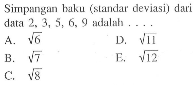 Simpangan baku (standar deviasi) dari data 2, 3, 5, 6, 9 adalah . . . .