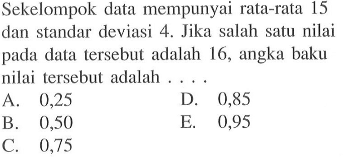 Sekelompok data mempunyai rata-rata 15 dan standar deviasi 4. Jika salah satu nilai pada data tersebut adalah 16, angka baku nilai tersebut adalah ....