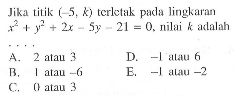 Jika titik (-5, k) terletak pada lingkaran x^2+y^2+2x-5y-21=0, nilai k adalah ...