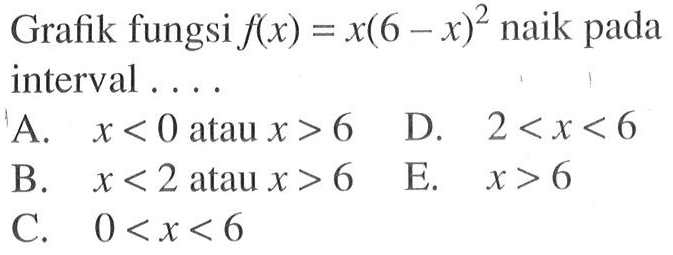 Grafik fungsi  f(x)=x(6-x)^2  naik pada interval ....