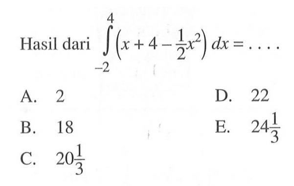 Hasil dari integral 2 4 (x+4-1/2 x^2) dx=...