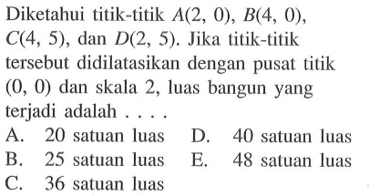 Diketahui titik-titik A(2, 0), B(4, 0), C(4, 5), dan D(2, 5). Jika titik-titik tersebut didilatasikan dengan pusat titik (0, 0) dan skala 2, luas bangun yang terjadi adalah . . . .