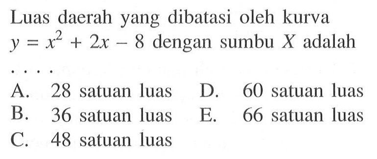 Luas daerah yang dibatasi oleh kurva  y=x^2+2x-8 dengan sumbu  X  adalah ...
