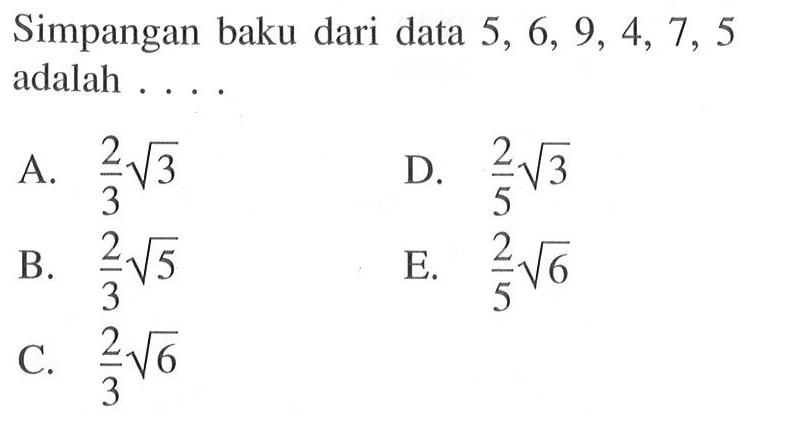 Simpangan baku dari data 5, 6, 9, 4, 7, 5 adalah ....