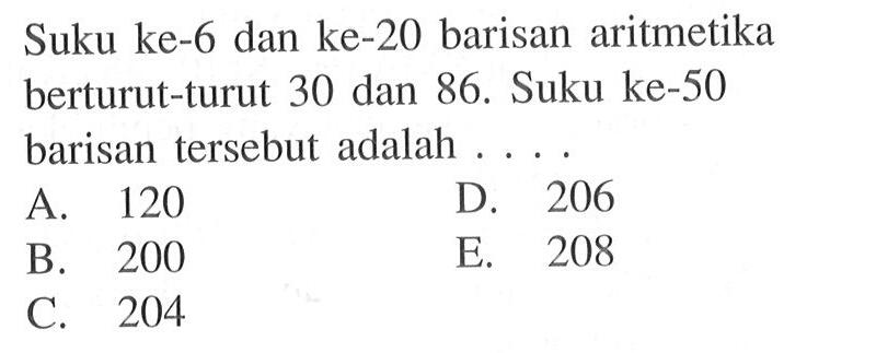 Suku ke-6 dan ke-20 barisan aritmetika berturut-turut 30 dan 86. Suku ke-50 barisan tersebut adalah ....