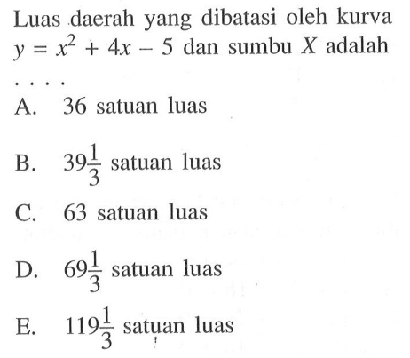 Luas daerah yang dibatasi oleh kurva y=x^2+4x-5 dan sumbu X adalah...