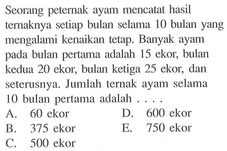 Seorang peternak ayam mencatat hasil ternaknya setiap bulan selama 10 bulan yang mengalami kenaikan tetap. Banyak ayam pada bulan pertama adalah 15 ekor, bulan kedua 20 ekor, bulan ketiga 25 ekor, dan seterusnya. Jumlah ternak ayam selama 10 bulan pertama adalah ....