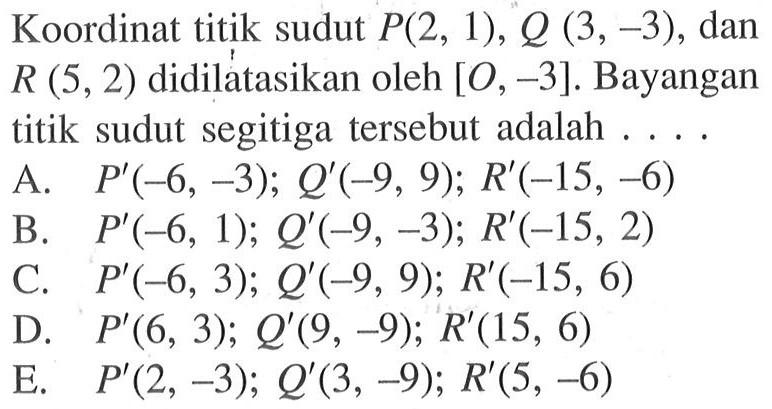 Koordinat titik sudut P(2,1), Q(3,-3), dan R(5,2) didilatasikan oleh [O,-3]. Bayangan titik sudut segitiga tersebut adalah....