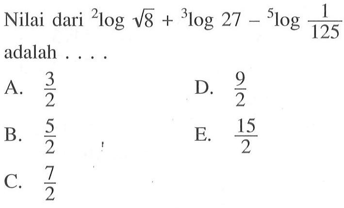 Nilai dari 2log akar(8)+3log27-5log(1/125) adalah ...