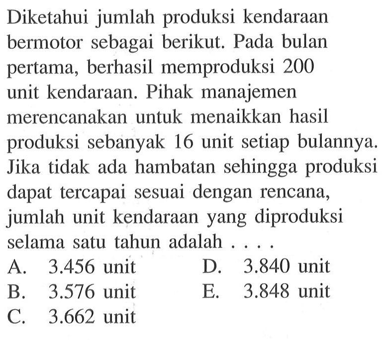 Diketahui jumlah produksi kendaraan bermotor sebagai berikut. Pada bulan pertama, berhasil memproduksi 200 unit kendaraan. Pihak manajemen merencanakan untuk menaikkan hasil produksi sebanyak 16 unit setiap bulannya. Jika tidak ada hambatan sehingga produksi dapat tercapai sesuai dengan rencana, jumlah unit kendaraan yang diproduksi selama satu tahun adalah ....