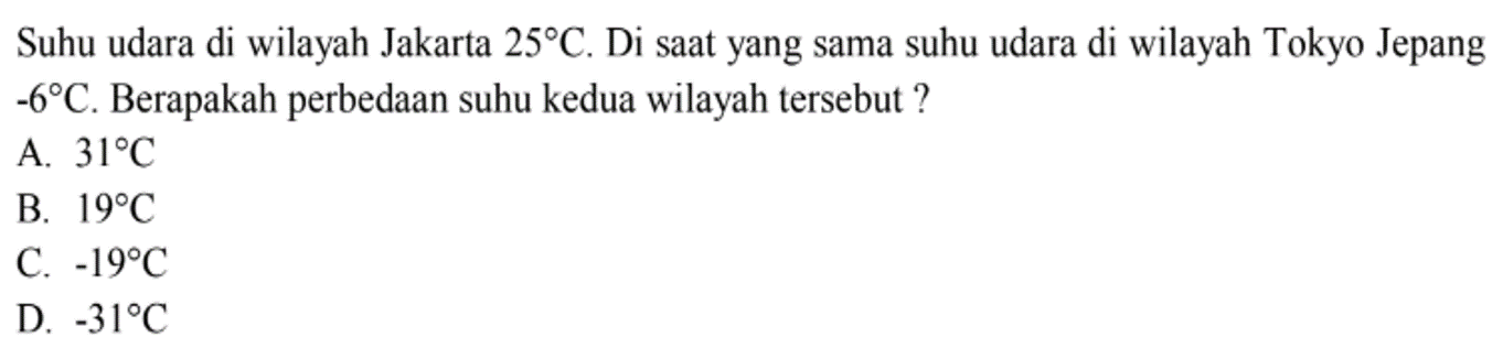 Suhu udara di wilayah Jakarta 25 C. Di saat yang sama suhu udara di wilayah Tokyo Jepang -68 C. Berapakah perbedaan suhu kedua wilayah tersebut ? A. 31 C B. 19 C C. -19 C D. 31 C