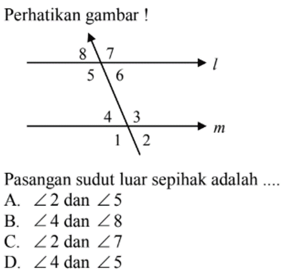 Perhatikan gambar !Pasangan sudut luar sepihak adalah ....