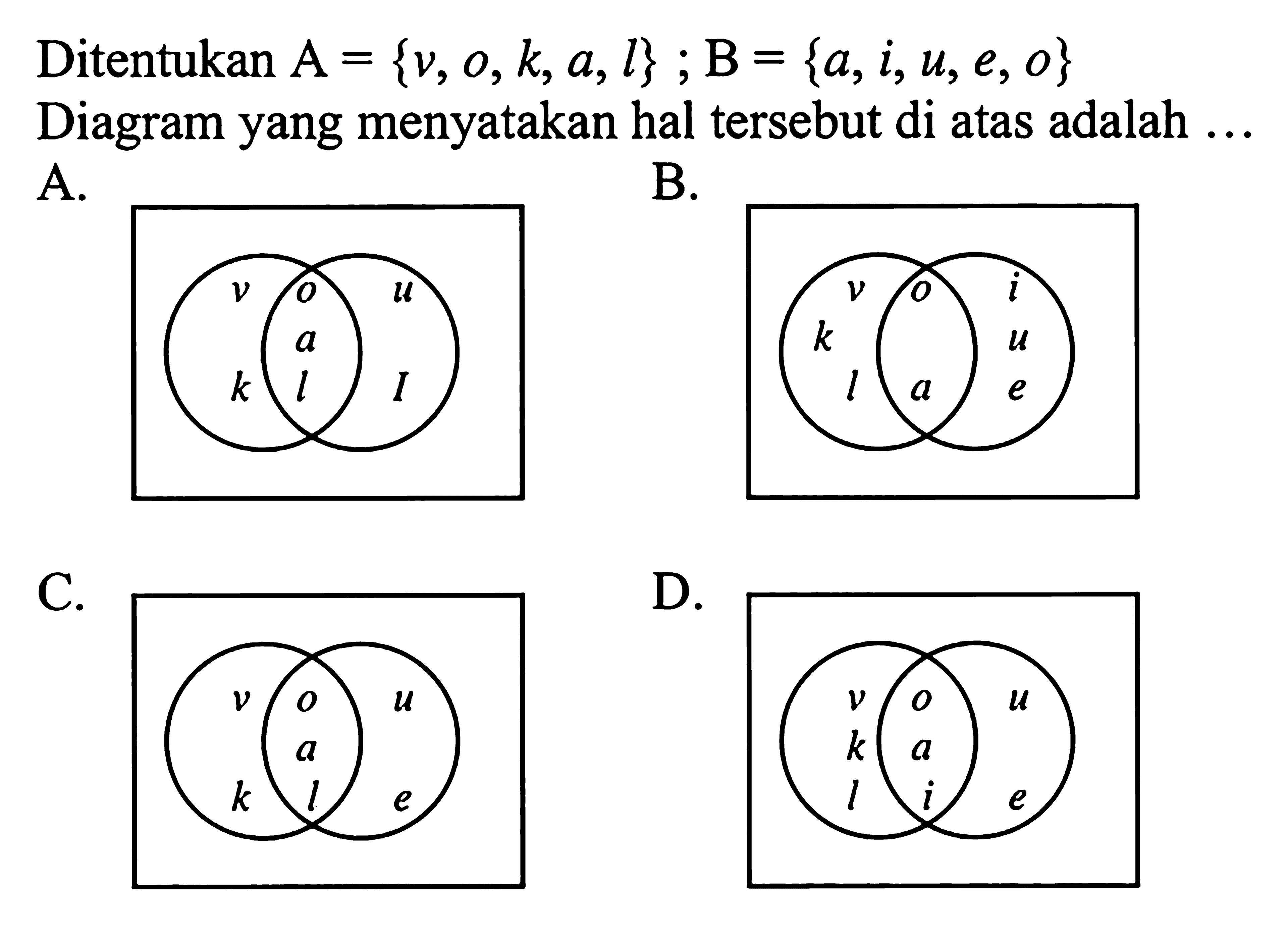 Ditentukan A = {v, o, k, a, l} ; B= {a, i, u, e, o} Diagram yang menyatakan hal tersebut di atas adalah ...