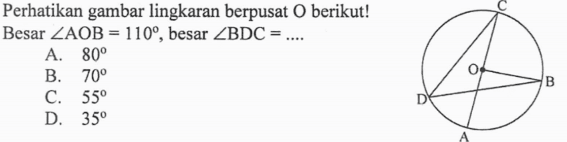 Perhatikan gambar lingkaran berpusat O berikut! Besar sudut AOB=110, besar sudut BDC=....