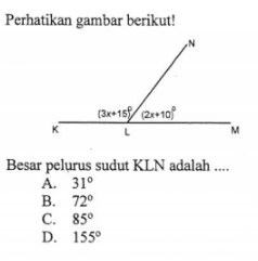 Perhatikan gambar berikut! (3x+15) (2x+10) Besar pelurus sudut KLN adalah