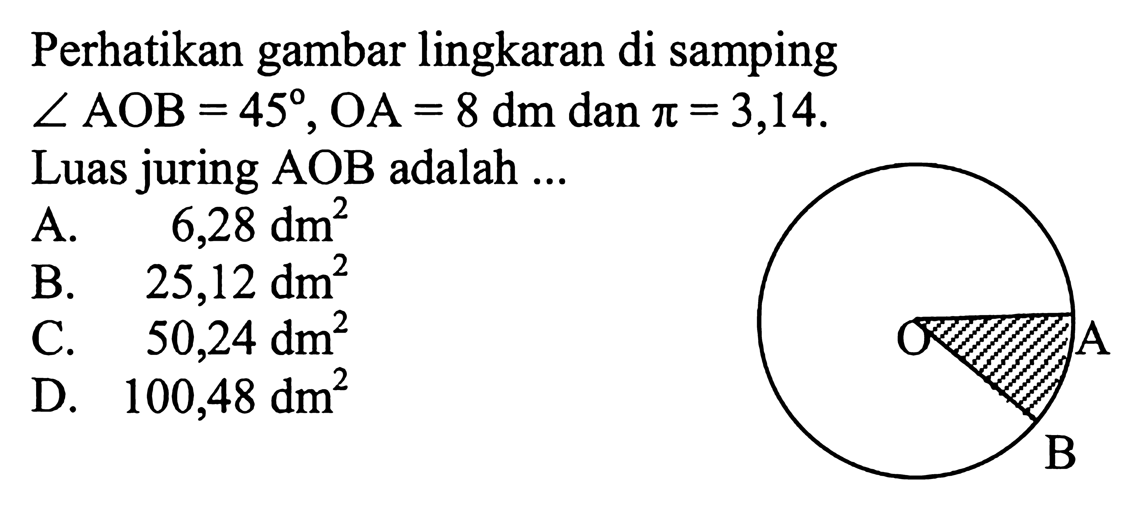 Perhatikan gambar lingkaran di samping sudut AOB=45, OA=8 dm dan pi=3,14. Luas juring AOB adalah ... O A B