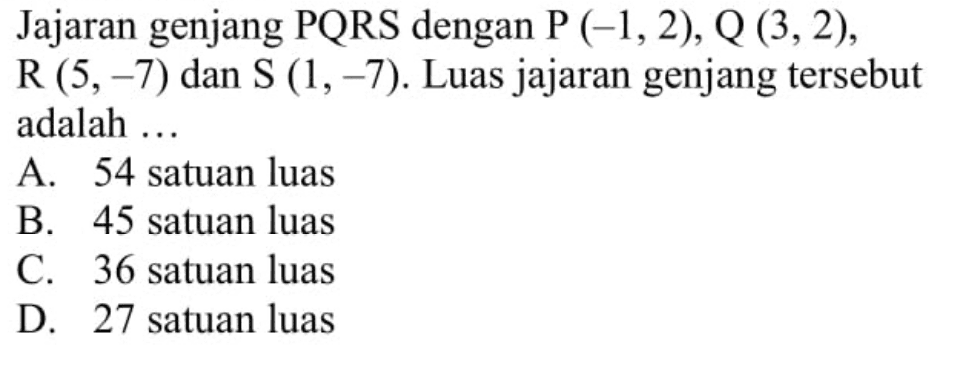 Jajaran genjang PQRS dengan P(-1,2), Q(3,2), R(5,-7) dan S(1,-7). Luas jajaran genjang tersebut adalah ...