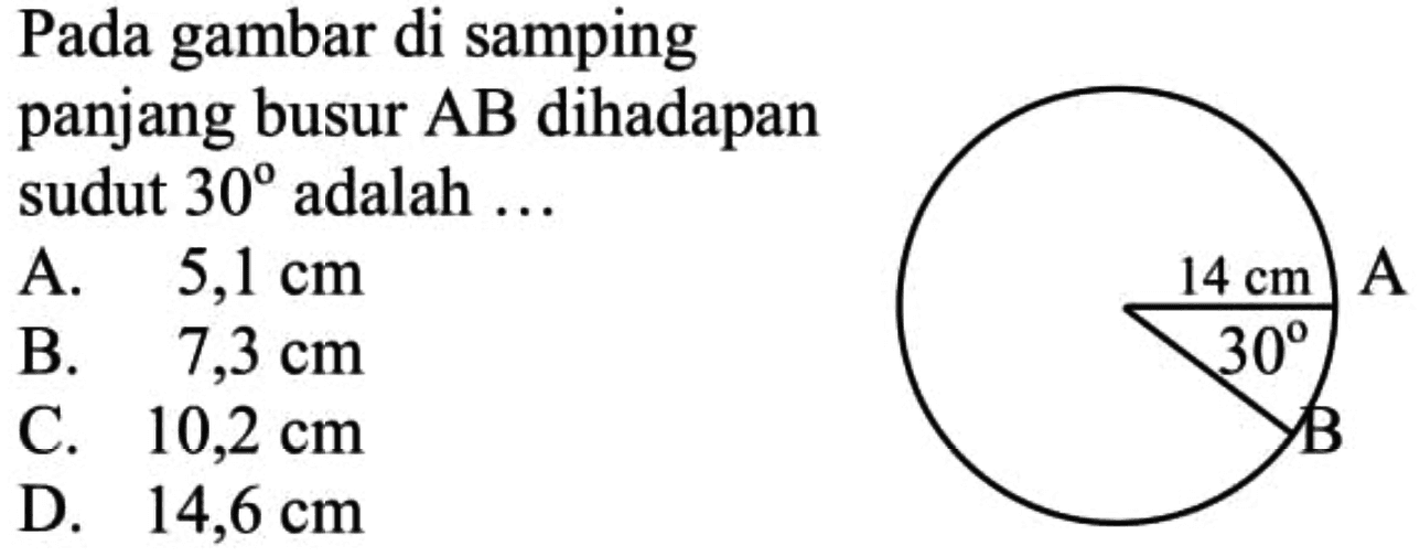 Pada gambar di samping panjang busur AB dihadapan sudut 30 adalah ... 14 cm A 30 B