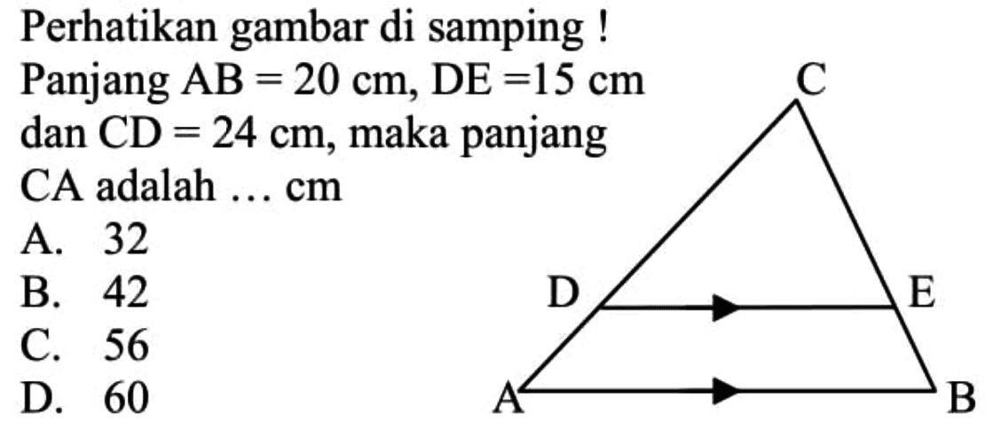 Perhatikan gambar di samping!
Panjang  AB=20 cm, DE=15 cm  dan  CD=24 cm, maka panjang CA adalah ...  cm 
