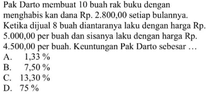 Pak Darto membuat 10 buah rak buku dengan menghabiskan dana Rp2.800,00 setiap bulannya. Ketika dijual 8 buah diantaranya laku dengan harga Rp5.000,00 per buah dan sisanya laku dengan harga Rp4.500,00 per buah. Keuntungan Pak Darto sebesar ... 