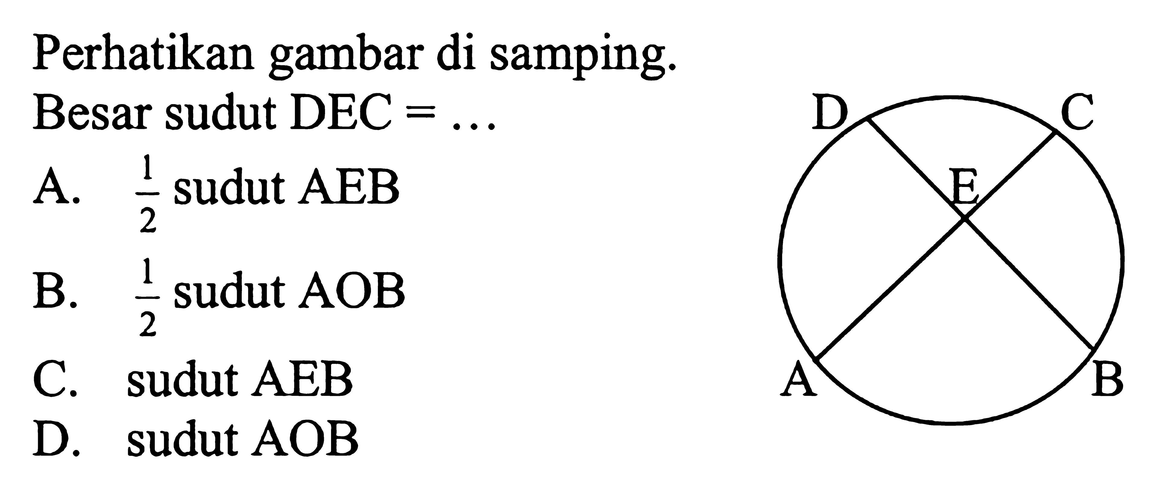 Perhatikan gambar di samping. Besar sudut DEC  =... D C E A B A.  1/2 sudut AEB  B.  1/2 sudut AOB  C. sudut AEB D. sudut AOB  