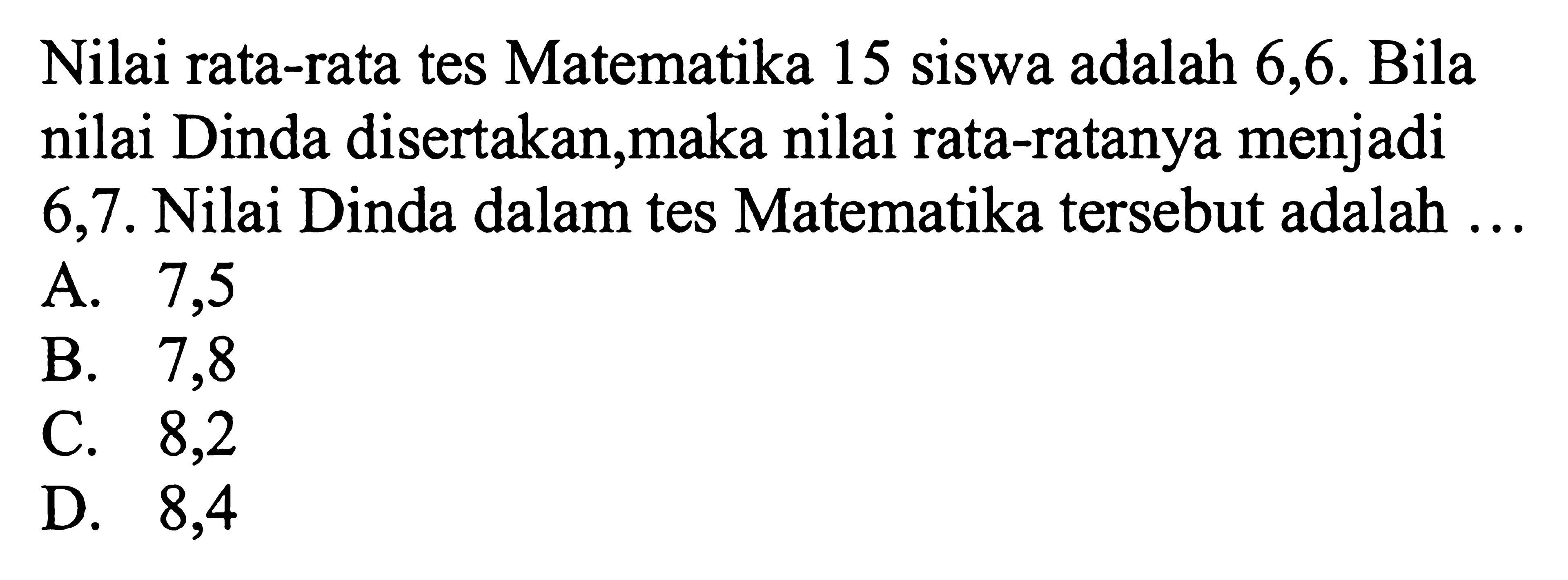 Nilai rata-rata tes Matematika 15 siswa adalah 6,6. Bila nilai Dinda disertakan,maka nilai rata-ratanya menjadi 6,7. Nilai Dinda dalam tes Matematika tersebut adalah ...