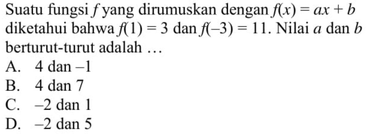 Suatu fungsi f yang dirumuskan dengan f(x) = ax + b diketahui bahwa f(1) = 3 dan f(-3) = 11. Nilai a dan b berturut-turut adalah... A. 4 dan -1 B. 4 dan 7 C. -2 dan 1 D. -2 dan 5