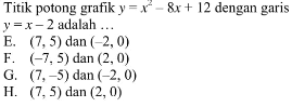 Titik potong grafik y = x^2 - 8x + 12 dengan garis y = x - 2 adalah...