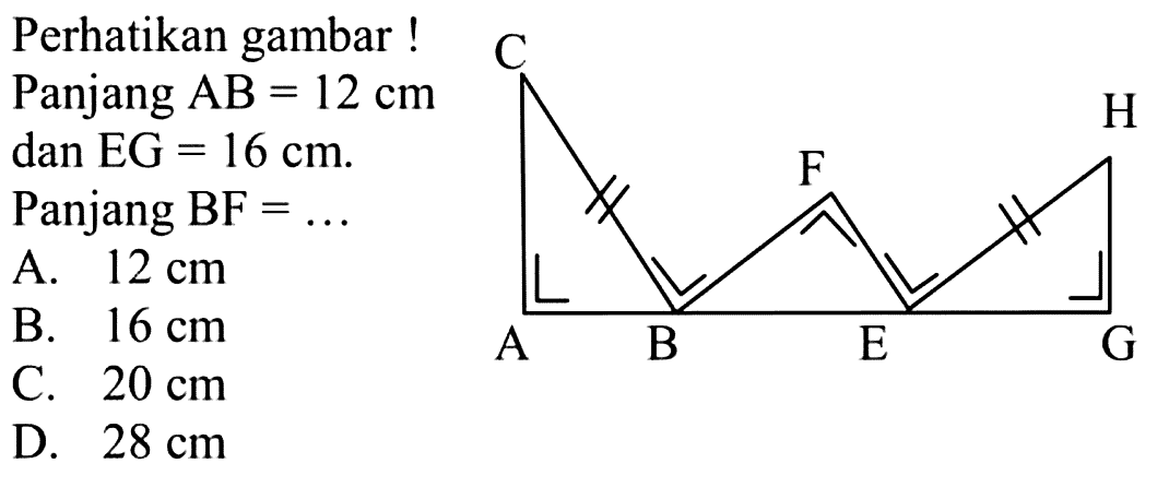 Perhatikan gambar! Panjang AB=12 cm dan EG=16 cm. Panjang BF=...