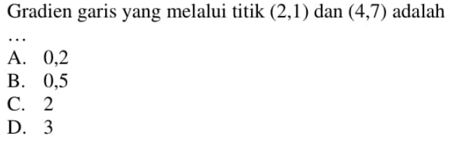 Gradien garis yang melalui titik (2,1) dan (4,7) adalah... A. 0,2 B. 0,5 C. 2 D. 3