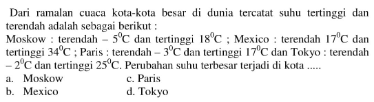 Dari ramalan cuaca kota-kota besar di dunia tercatat suhu tertinggi dan terendah adalah sebagai berikut Moskow : lerendah 5C dan tertinggi 18C ; Mexico terendah 17C dan tertinggi 34C ; Paris terendah 3C dan tertinggi 17C dan Tokyo terendah 2C dan tertinggi 25C. Perubahan suhu terbesar terjadi di kota a. Moskow c. Paris b. Mexico d. Tokyo