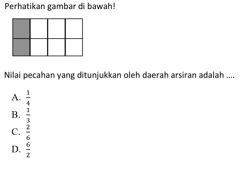 Perhatikan gambar di bawah! 
 Nilai pecahan yang ditunjukkan oleh daerah arsiran adalah ... A. 1/4 B. 1/3 C. 2/6 D. 6/2