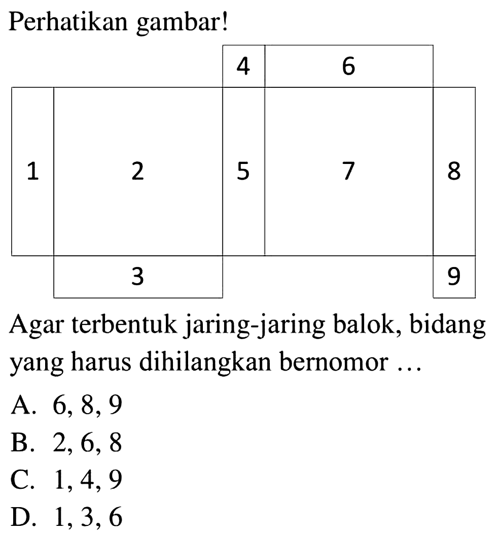 Perhatikan gambar! 4 6 1 2 5 7 8 3 9.  Agar terbentuk jaring-jaring balok, bidang yang harus dihilangkan bernomor ...