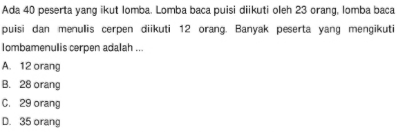 Ada 40 peserta yang ikut lomba. Lomba baca puisi diikuti oleh 23 orang, Iomba baca puisi dan menulis cerpen diikuti 12 orang. Banyak peserta yang mengikuti lomba menulis cerpen adalah... A. 12 orang B. 28 orang C. 29 orang D. 35 orang