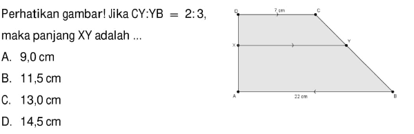 Perhatikan gambar! Jika CY:YB=2:3 maka panjang XY adalah ...A. 9,0 cm B. 11,5 cm C. 13,0 cm D. 14,5 cm 